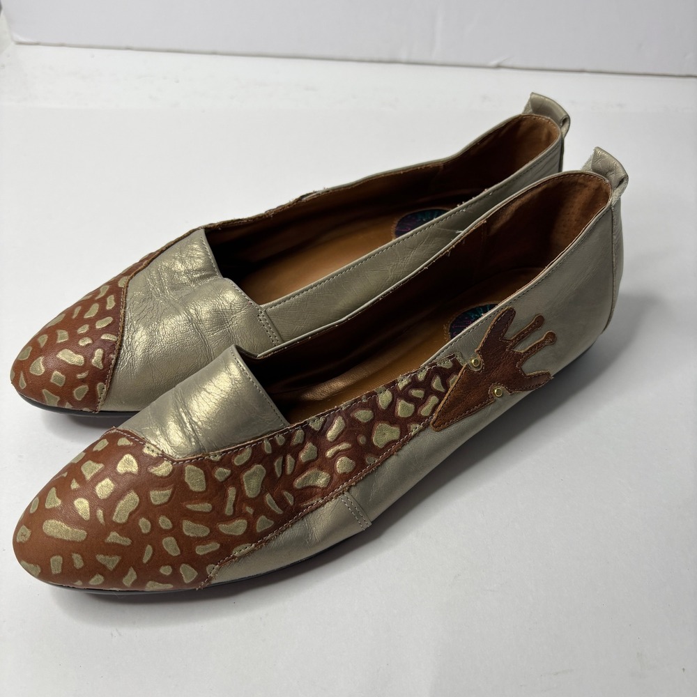Side Effects Giraffe Animal Print Metallic Leather Flats 9 M Gold Brown Vintage